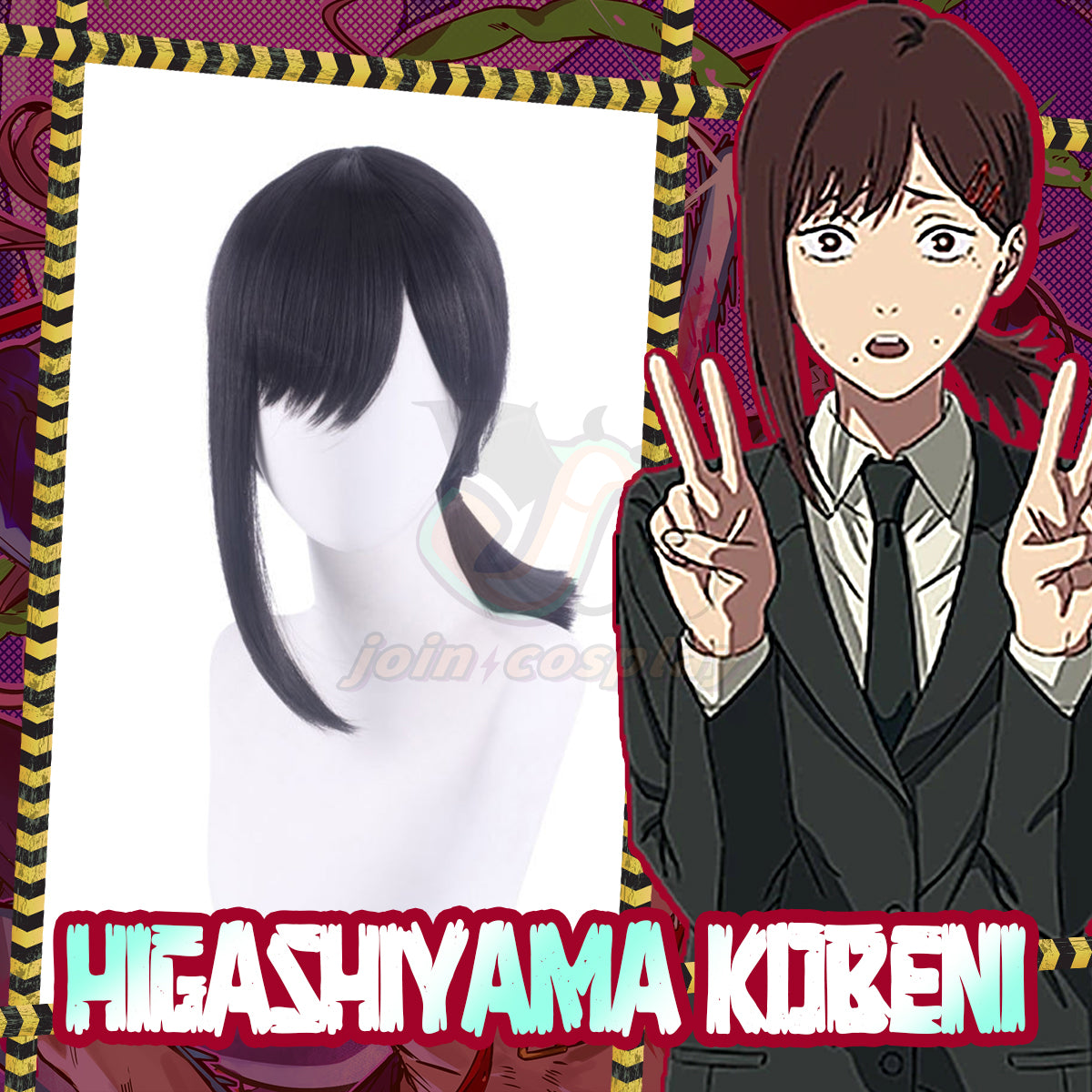 Chainsaw Man Higashiyama Kobeni Black Cosplay Wig With Hairpins Heat Resistant Fiber Hair